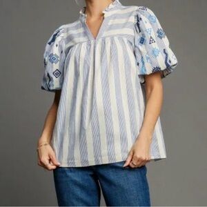Umgee Blue and White Striped Embroidered Puff-Sleeve Top